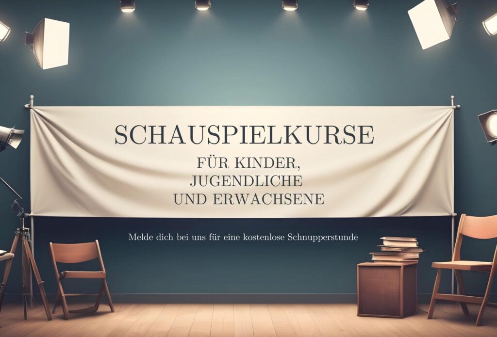 Ein Banner, das Schauspielkurse für Kinder, Jugendliche und Erwachsene in der Schauspielschule li:la bewirbt. Darunter der Text Melde dich jetzt zur kostenlosen Schnupperstunde an